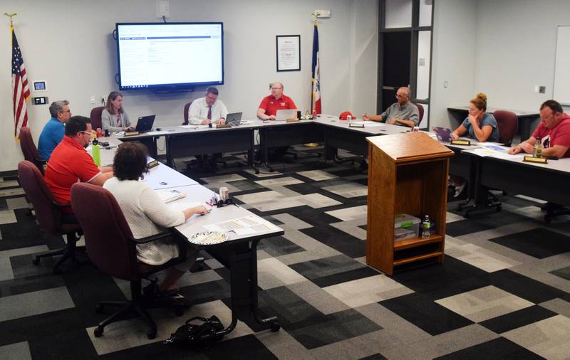 Members of the Newton Community School District Board of Education discuss legislative priorities during their June 27 meeting at the E.J.H. Beard Administration Center.