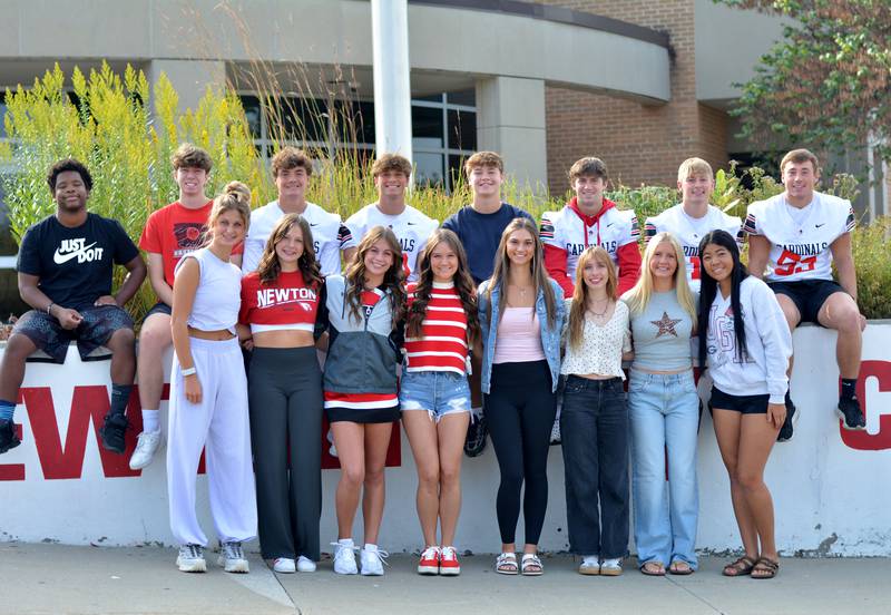 The 2025 Newton High School Homecoming Court was chosen on Sept. 12. From left, front row: Harper Barton, Tori White, Merissa Schieble, Lily Springer, Camryn Andrew, Kayden Langston, Brooklyn Sterling and Emmy Gross. From left, back row: Deshawn Boclaire, Tyler Thompson, Finnegan Martin, Micah Mattes, Wyatt Sterling, Caden Klein, Nick Thomason and Koltt Ahn.