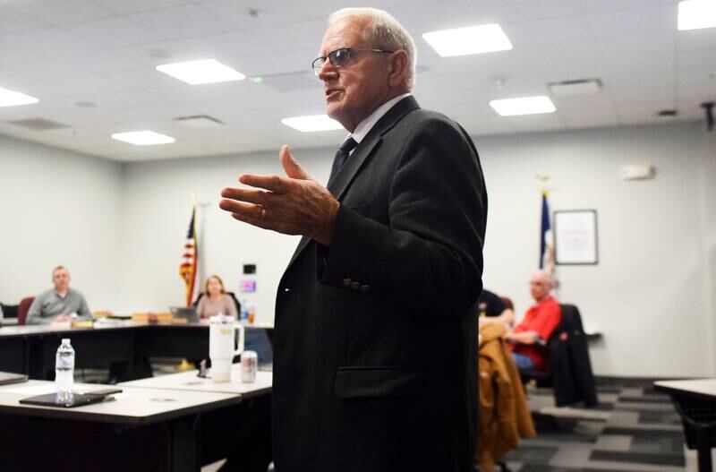 Iowa State Sen. Ken Rozenboom speaks to guests during the Newton school board meeting on Jan. 22 at the E.J.H. Beard Administration Center. Legislators provided board members with an update on education-related bills at the Iowa Legislature, but discussions mainly focused on the proposed AEA restructure.