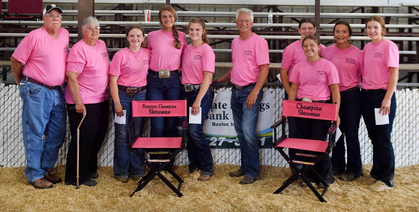 Competitors and sponsors of the Brice Leonard Supreme Showmanship Contest pose for pictures after the event July 21 at the Jasper County Fair in Colfax.