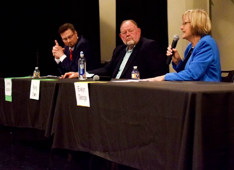 Newton mayoral candidates Lonnie Appleby, Randy Ervin and Evelyn George take turns speaking during the League of Women Voters of Jasper County forum on Oct. 26 at the auditorium of DMACC Newton Campus.