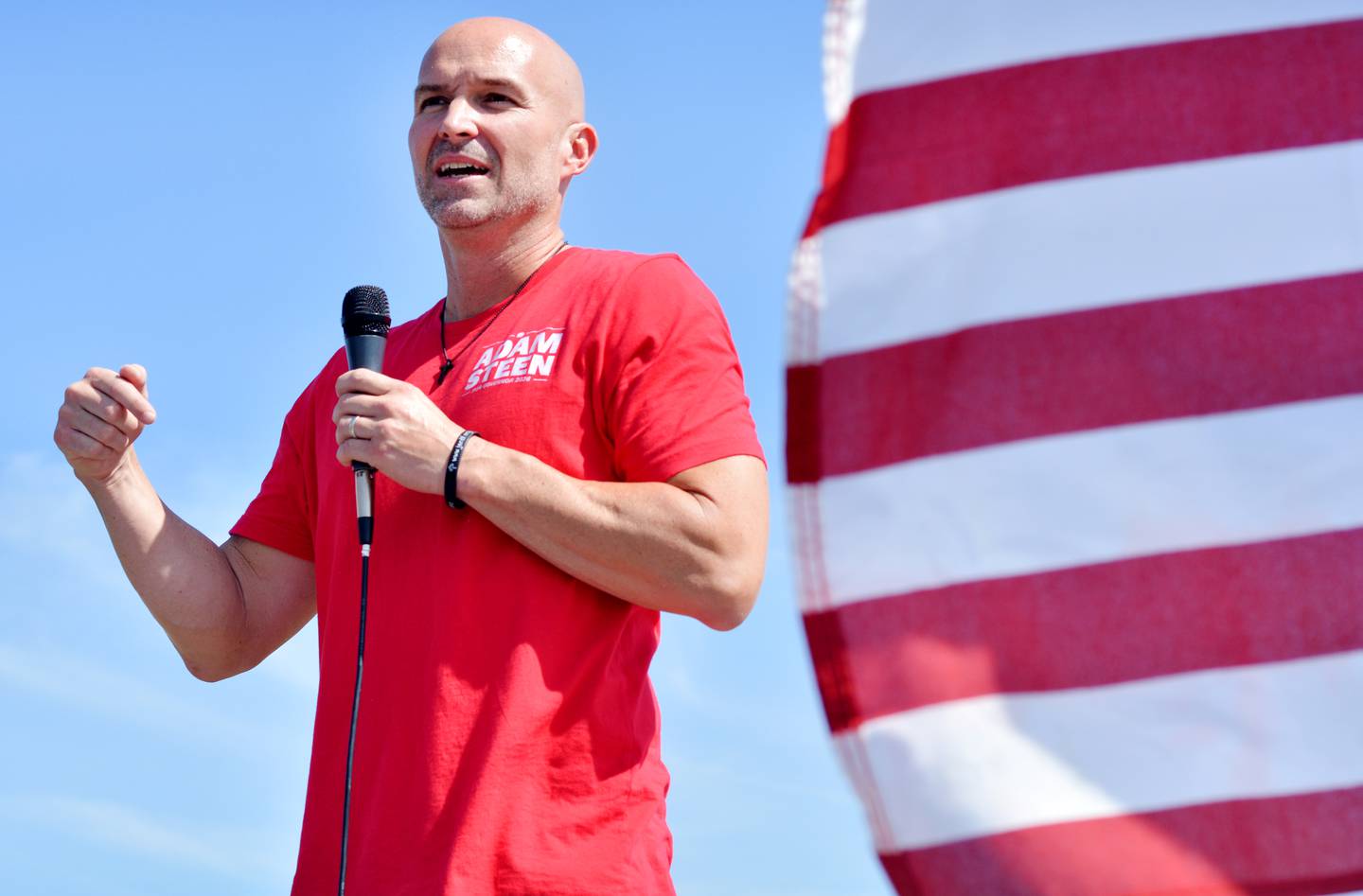 Adam Steen, a Republican candidate for governor of Iowa, speaks during the Jasper County Republican Party Trapshoot fundraiser on Sept. 13 at the Jasper County Gun Club in Newton.