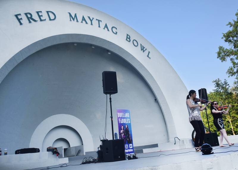 Dueling Fiddles, a Des Moines-based group featuring Hanna Wolle and Geneviève Gros-Louis Salamone, performed Thursday, June 8 as part of the Maytag Bowl Summer Concert Series in Newton.
