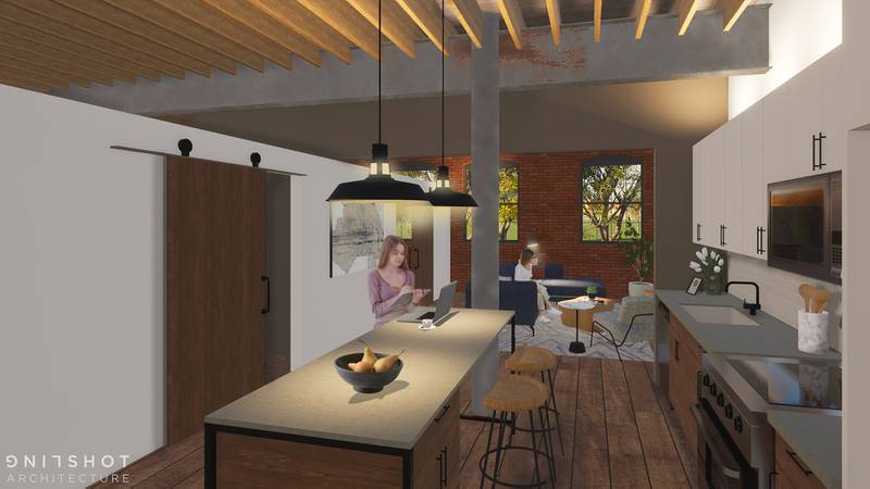 This rendering depicts a two-bedroom apartment in the planned 70-unit, market-rate apartment community in historic Maytag Building 16. The unit features an open floor plan concept with exposed brick walls and ceilings to accentuate the historic factory and warehouse building.