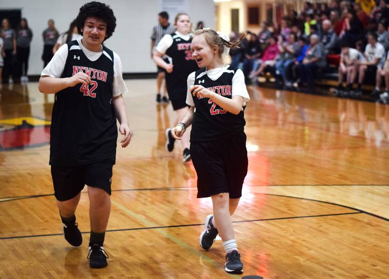 Trevon Epps and Briley Cox hustle down the court during The Big Game on April 19 at Newton High School.