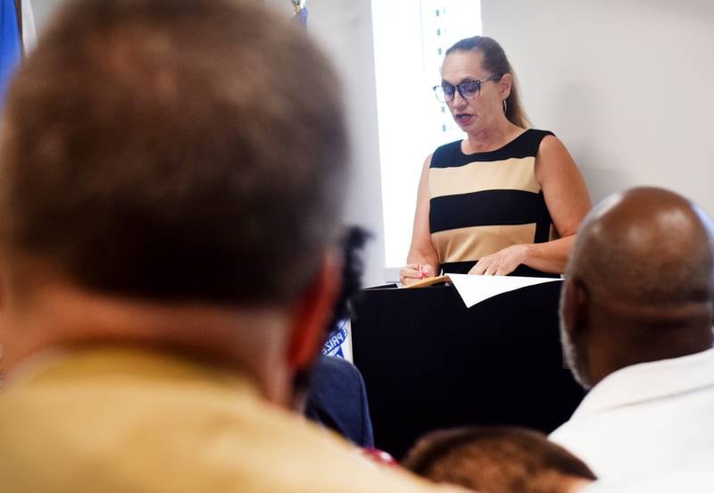 Michelle Alfano, of Chicago, speaks to the Iowa Board of Corrections at its meeting Aug. 4 at Newton Correctional Facility.