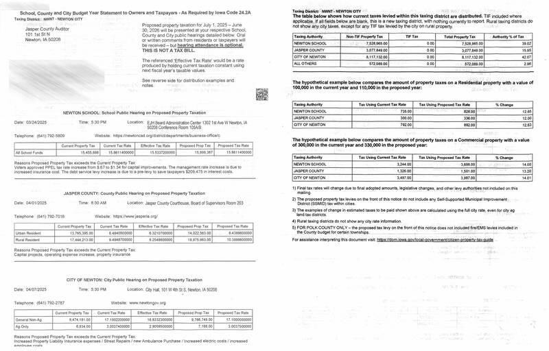 The school, county and city budget year statement was sent to Jasper County residents to inform them of upcoming public hearings about the proposed levy rates for property taxes. However, many leaders say the data included in the document is confusing and misleading.