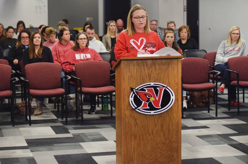 Hilary Foster, of Newton, on Monday, Nov. 13 speaks against the schools chosen as part of the school board's master planning decision voted on last month, the results of which convinced a number of families to sign petitions urging officials to reconsider their past action. Several other community members offered their perspective at the school board meeting.