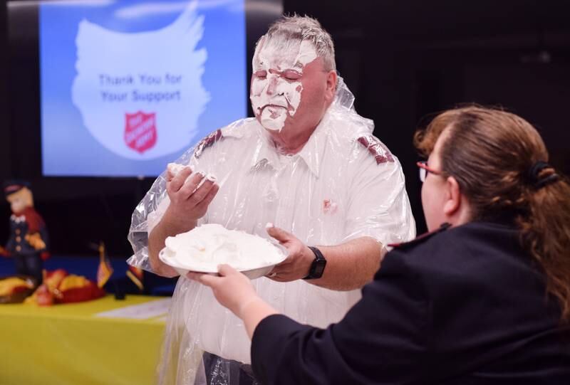 As a result of Rotary raising more funds for the Salvation Army than Kiwanis, Captain  Tim North voluntarily took a pie to the face during a volunteer recognition dinner April 19 at the organization's Newton headquarters.