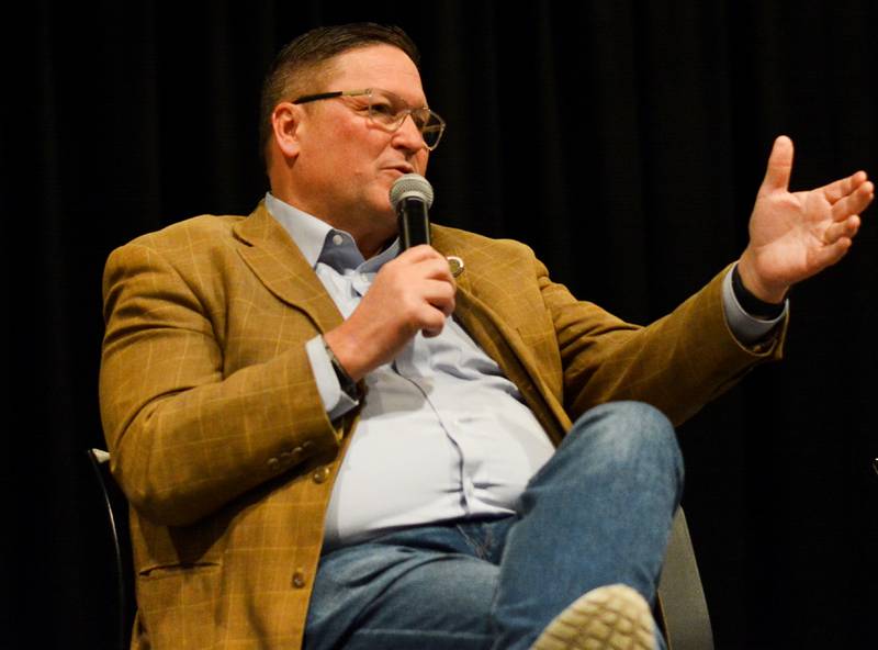 Iowa House Rep. Jon Dunwell speaks with audience members during a legislative forum hosted by the League of Women Voters of Jasper County on Feb. 15 at DMACC Newton Campus.