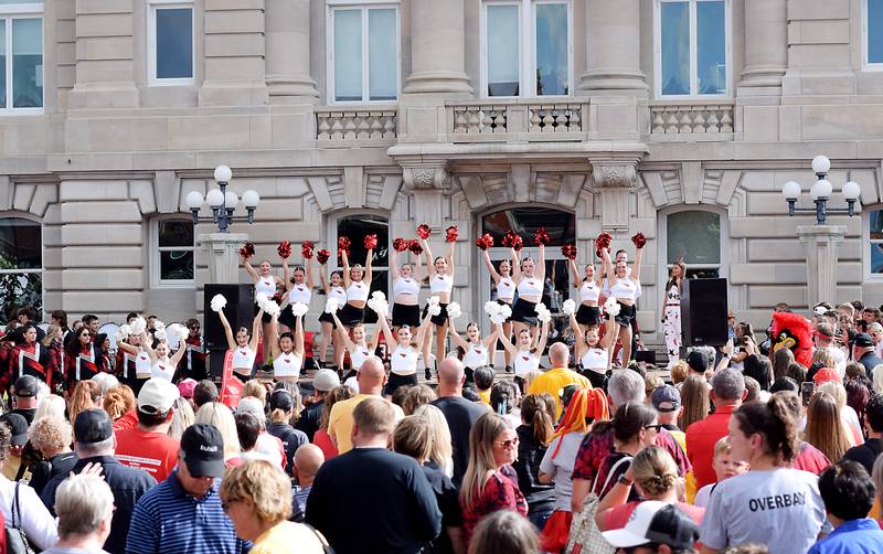 Newton Pacesetters perform a routine during the pep rally on Sept. 4 in downtown Newton.