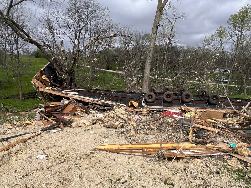 A trailer was flipped and smash by the EF-1 tornado that on April 26 ripped through southeastern Jasper County near Monroe.