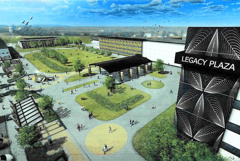 Schematics show what the Legacy Plaza greenspace could look like when fully completed. Both the City of Newton and Jasper County have donated funds to DMACC in its application for a Community Attraction & Tourism Grant for the Legacy Plaza greenspace project.