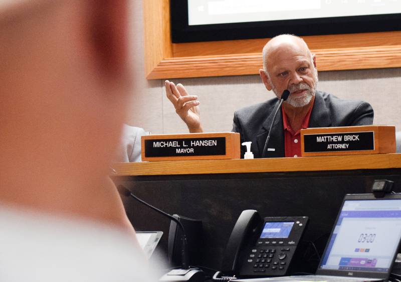 Newton Mayor Mike Hansen speaks about commercial business/property inspections program during the June 19 city council meeting at Newton City Hall.