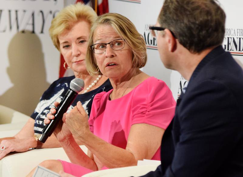 U.S. Rep. Mariannette Miller-Meeks, who is running for Iowa’s 1st Congressional District, speaks with representatives of the America First Policy Institute on Aug. 18 in Building 20 of DMACC's Legacy Plaza in Newton.