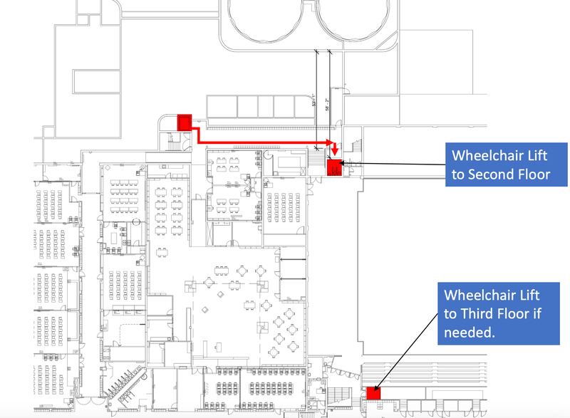 The proposal from FRK Architects + Engineers to make Newton Hgih School more accessible includes the addition of a wheelchair lift on the second floor to provide upper level access to the gymnasium.