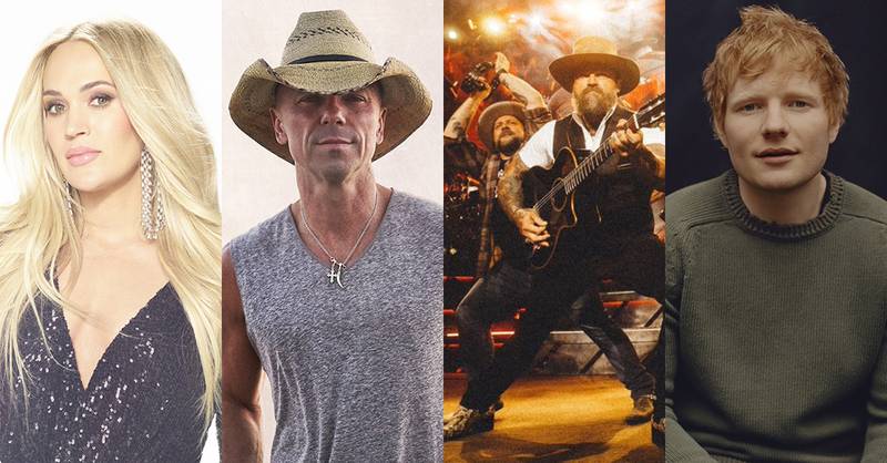 From left: Carried Underwood, Kenny Chesney, Zac Brown Band and Ed Sheeran will be performing at the Hy-Vee IndyCar Race Weekend in July 2023.