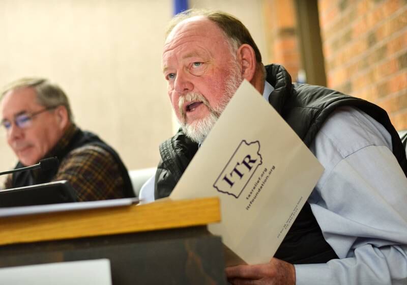 Randy Ervin, a member of the Newton City Council, speaks about Iowans For Tax Relief during the city's proposed tax levy hearing.