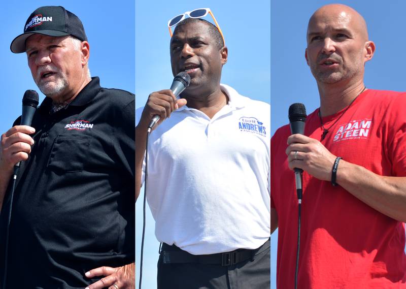 From left: Brad Sherman, Eddie Andrews and Adam Steen – all of which are running for governor of Iowa – speak during the Jasper County Republican Party Trapshoot fundraiser on Sept. 13 at the Jasper County Gun Club in Newton.