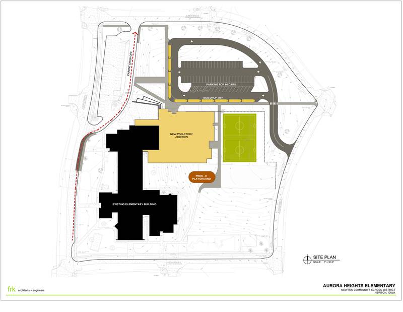 Site plans for the new Aurora Heights Elementary School shows a new addition will be constructed onto the north side of the existing building, which will also receive renovations.