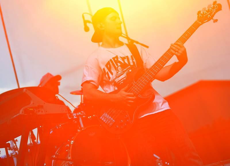 Jordan Feliz and his band perform the headlining set of Fierce Faith Music Fest 2024 on June 15 at Community Heights Alliance Church.