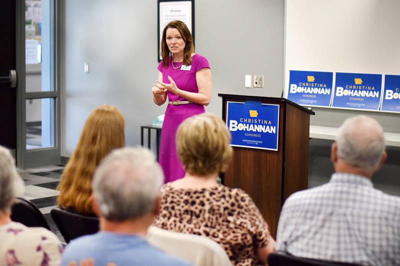 Christina Bohannan, a Democratic candidate running for Iowa's 1st Congressional District, speaks with a room of Newton voters June 20 at the E.J.H. Beard Administration Center.