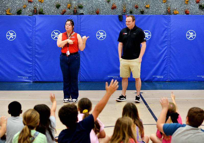 Cole Custer, a professional NASCAR driver, speaks with third-grade students on May 15 at Thomas Jefferson Elementary School.