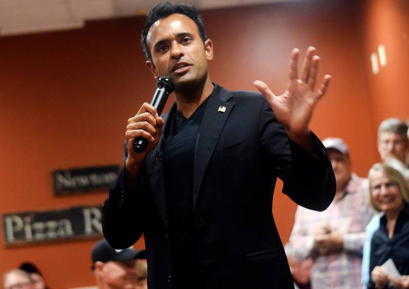 Republican presidential candidate Vivek Ramaswamy speaks to guests during a campaign stop Aug. 25 at the Pizza Ranch in Newton. According to the Jasper County Republican Party, more than 170 people attended the event.