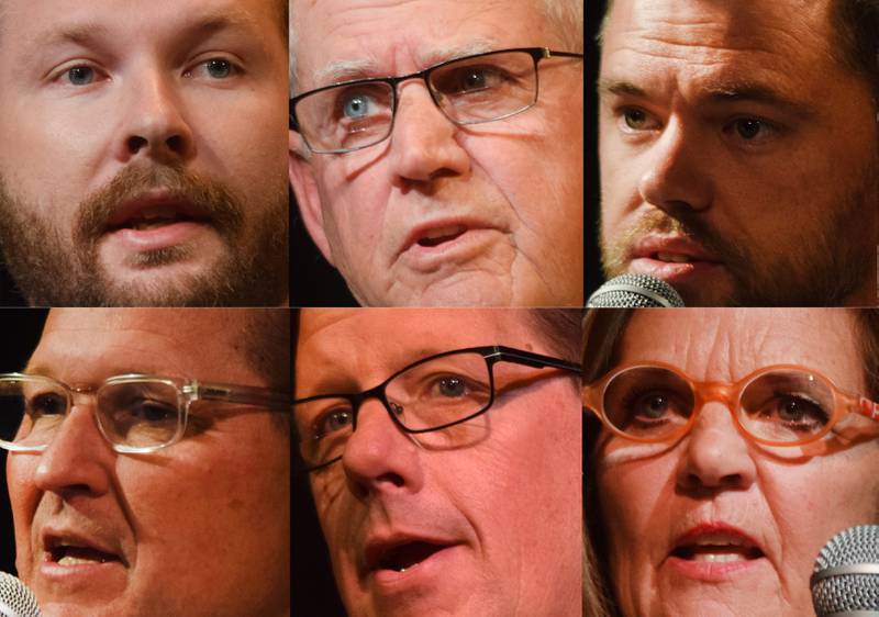 Tyler Stewart, Ken Rozenboom, Erick Zehr, Jon Dunwell, Michael Wood and Barb Kniff McCulla participated in a joint forum Oct. 18 at Newton Community Theatre. The forum was organized by the party chairs of both the Democratic and Republican Parties of Jasper County.