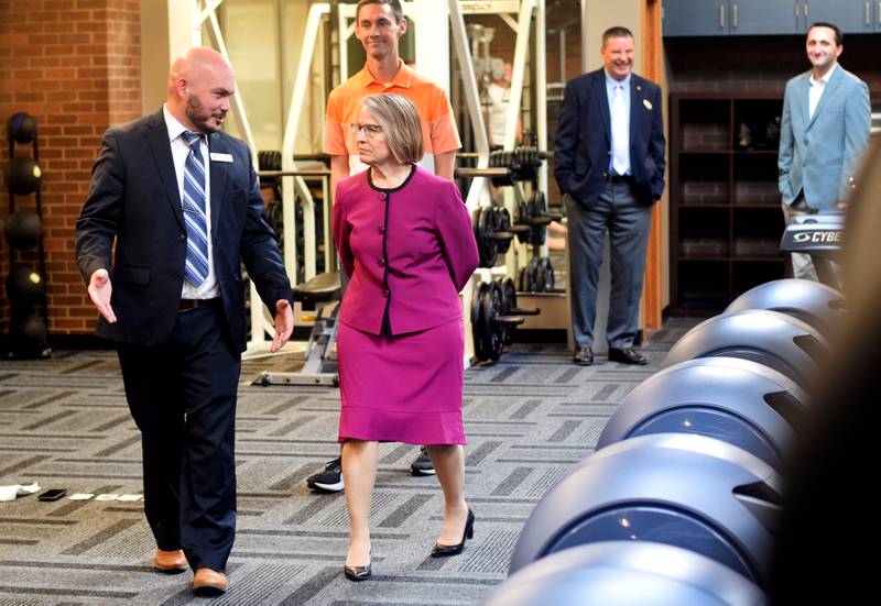 U.S. Rep. Mariannette Miller-Meeks on Feb. 26 receives a tour of Newton YMCA with CEO Lucas Hughes, who has proposed a $15 million expansion of the facility which will include extra recreational space and a specific area for improved teen programming.