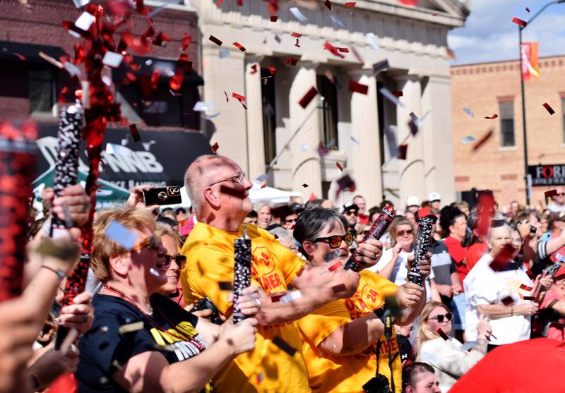 Crowds gathered for the RVTV broadcasts shoot off confetti cannons on Sept. 4 in downtown Newton. Residents wore their Hawkeye or Cyclone gear in preparation for the Cy-Hawk game the next day and treated the RVTV crews to a Cardinal pep rally.