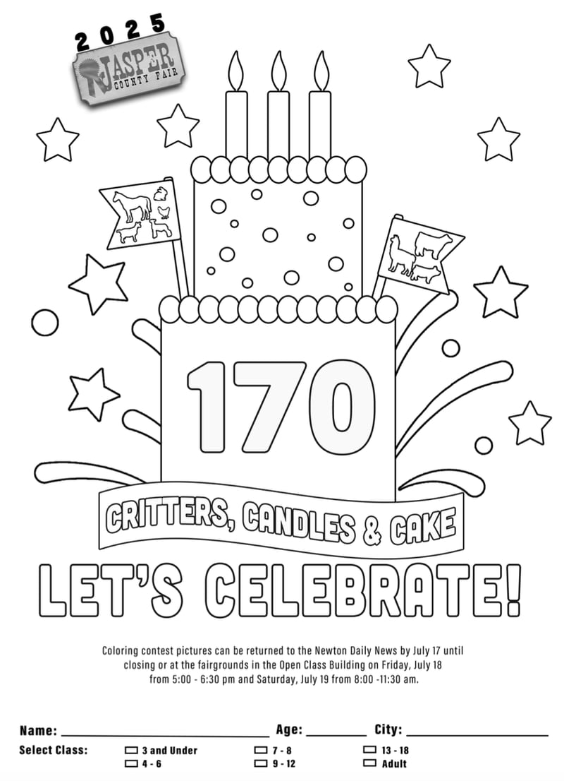 Coloring page for the 107th Jasper County Fair.