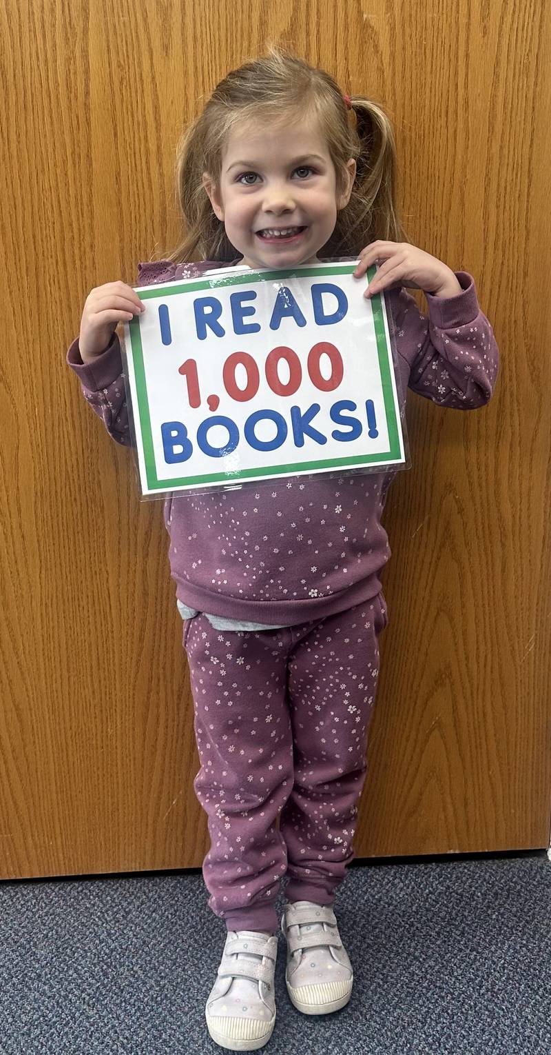 Three-year-old Cora Van Genderen has completed the 1,000 Books Before Kindergarten Program at Prairie City Public Library.