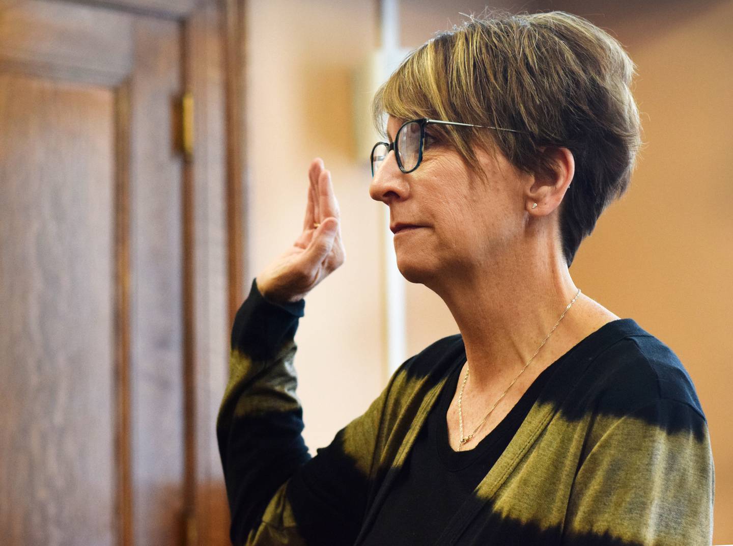 Jasper County Recorder Denise Allan is sworn in to office on Dec. 27 by Iowa District Court Judge Mike Jacobsen.