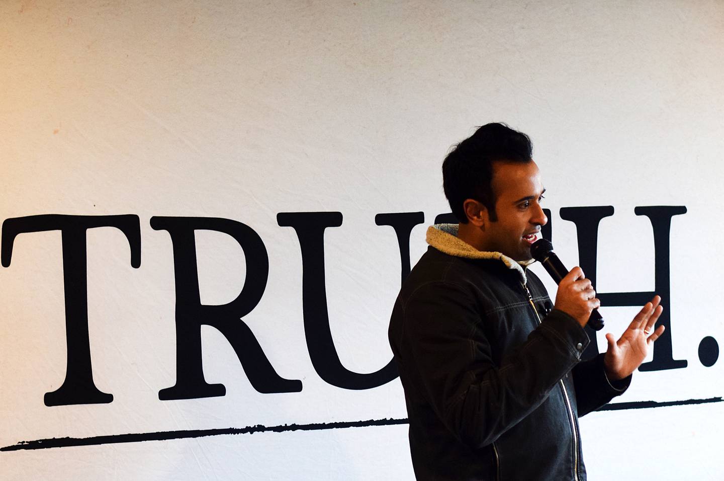 Vivek Ramaswamy, a Republican president candidate, speaks with guests during a Jan. 3 commit-to-caucus event at Okoboji Grill in Newton.