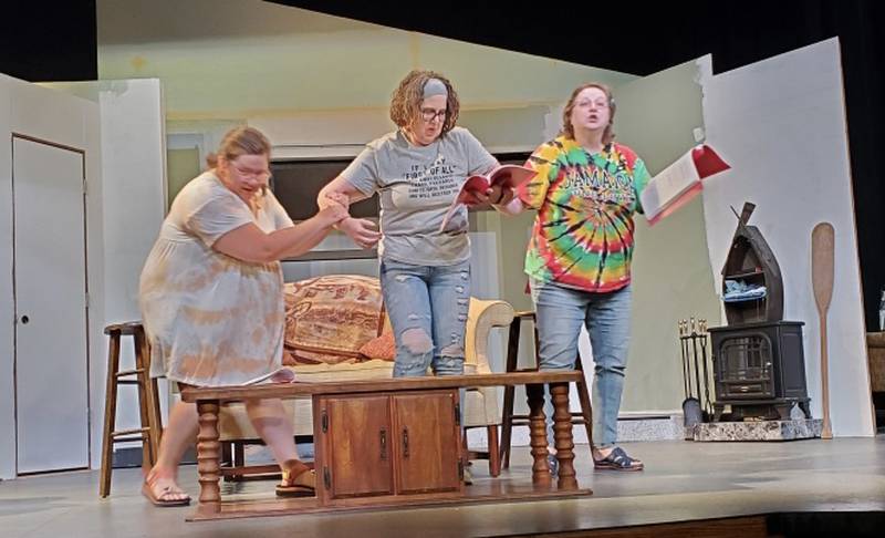 Fallen Stookesberry as Carol, Debbie LaShomb as Meg and Robin Stoner as Dot rehearsing Newton Community Theatre's latest production.
