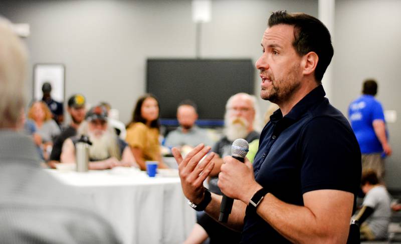 Iowa House Rep. Josh Turek, who is running for U.S. Senate, speaks to local party members during the Jasper County Democrats Soup Supper on Oct. 5 at the E.J.H. Beard Administration Center in Newton.