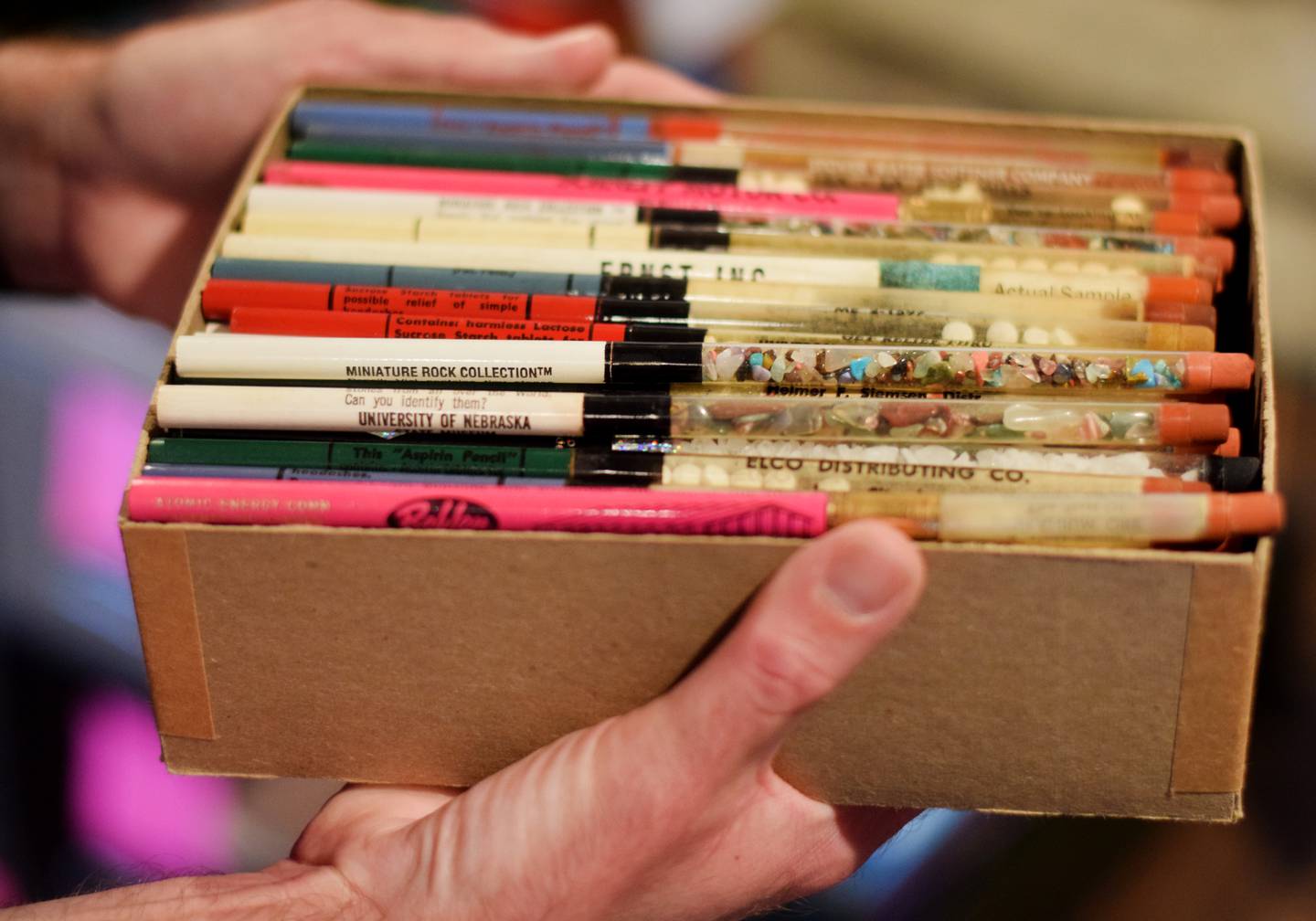 Aaron Bartholmey, 36, of Colfax shares but a fraction of what he claims is a 70,000 advertising pencil collection. The history buff and former teacher began his collection as early as 6 years old. Bartholmey held a public event on July 1 for a Guinness World Record attempt for largest pencil collection. The current record is more than 24,000 pencils.