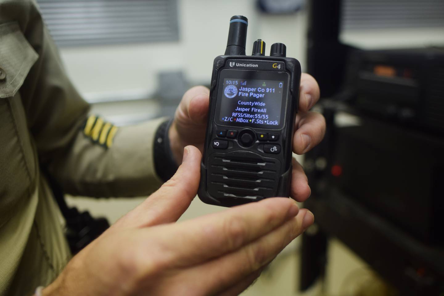 Lt. Brad Shutts of the Jasper County Sheriff's Office showcases Unication G4 Pager used by first responders. The county recently purchased 132 pagers and acquired a third radio tower, which Shutts said will improve communications and create redundancies in case of natural disasters.