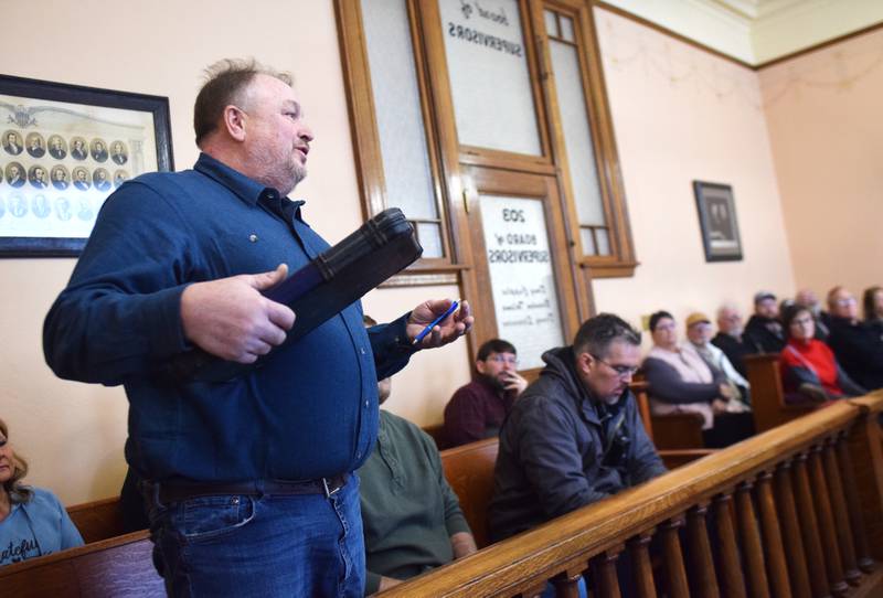 Brent Vandewall of Firm Foundation, Inc. speaks in favor of a proposed rezoning request during the Jasper County Board of Supervisors meeting on March 14 in the courthouse in Newton.