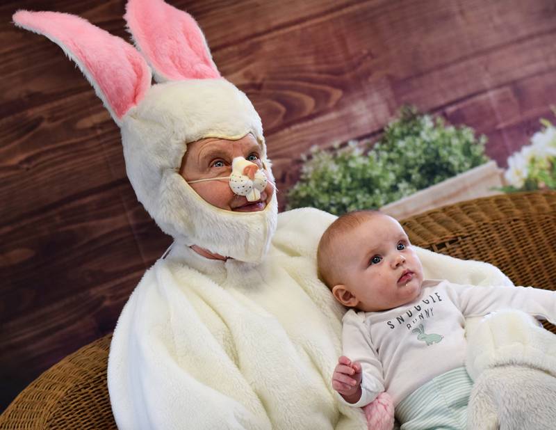 The Easter Bunny poses for pictures during the Spring Celebration on April 2 at the Prairie City Community Building.