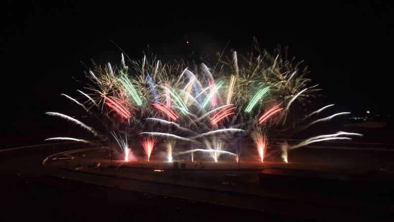 Fireworks light up the Iowa Speedway during the public night on Aug. 2 of the Pyrotechnics Guild International (PGI) convention. The last public night of Thunderstruck Over Iowa Speedway will be held on Aug. 5 and will include live music, food trucks and a 90-minute fireworks display in the infield with the price of admission.