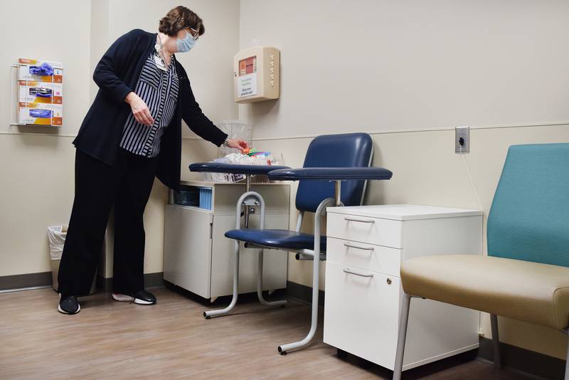 Sharon Finch, the laboratory manager of MercyOne Newton Medical Center, showcases the new draw rooms at the lab, which underwent an almost $500,000 renovation.