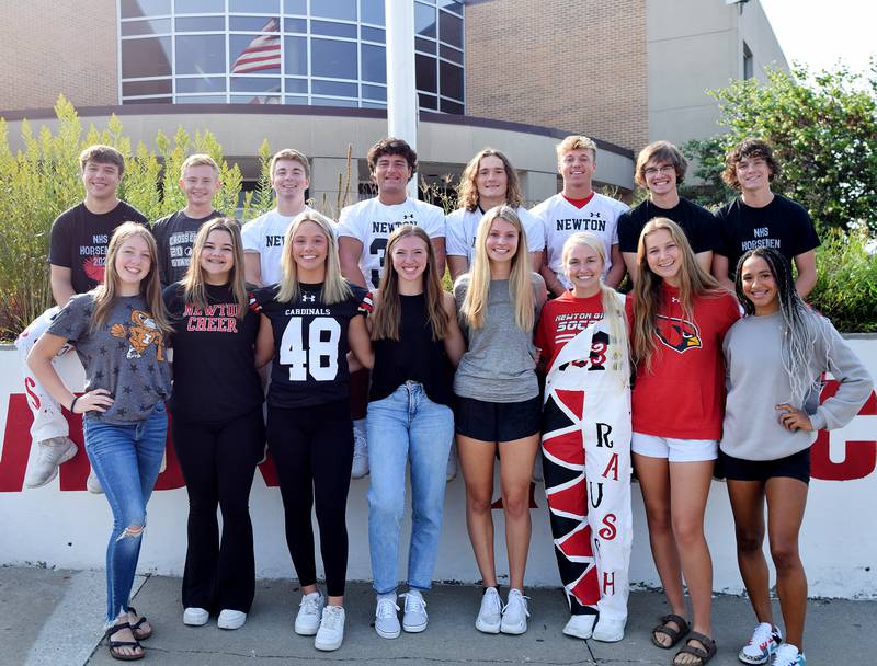 Candidates of the 2022 Newton High School Homecoming court pose for a picture Sept. 9 outside the high school. King candidates, from left: Kacey Sommers, Collin Buchli, Alex Thomason, Turner Williams, Carson Satterfield, Body Bauer, Drew Thompson and Tade Vanderlaan. Queen candidates, from left: Ella Price, Haley Sevenbergen, Lillie Ray, Kaitlyn Bloom, Kate Muckler, Audrey Rausch, Marin Pettigrew and Addisyn Terpstra.