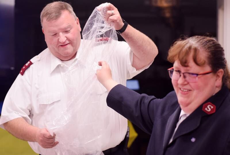 As a result of Rotary raising more funds for the Salvation Army than Kiwanis, Captain  Tim North voluntarily took a pie to the face during a volunteer recognition dinner April 19 at the organization's Newton headquarters.