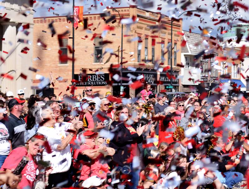 Crowds gathered for the RVTV broadcasts shoot off confetti cannons on Sept. 4 in downtown Newton. Residents wore their Hawkeye or Cyclone gear in preparation for the Cy-Hawk game the next day and treated the RVTV crews to a Cardinal pep rally.