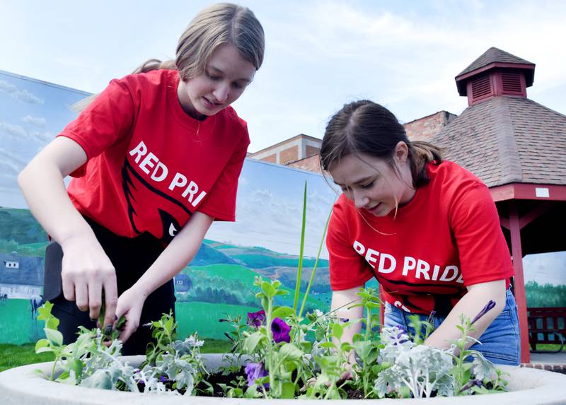 Newton students on May 4 cleared weeds and cleaned out flower pots at Sersland Park during Red Pride Service Day.
