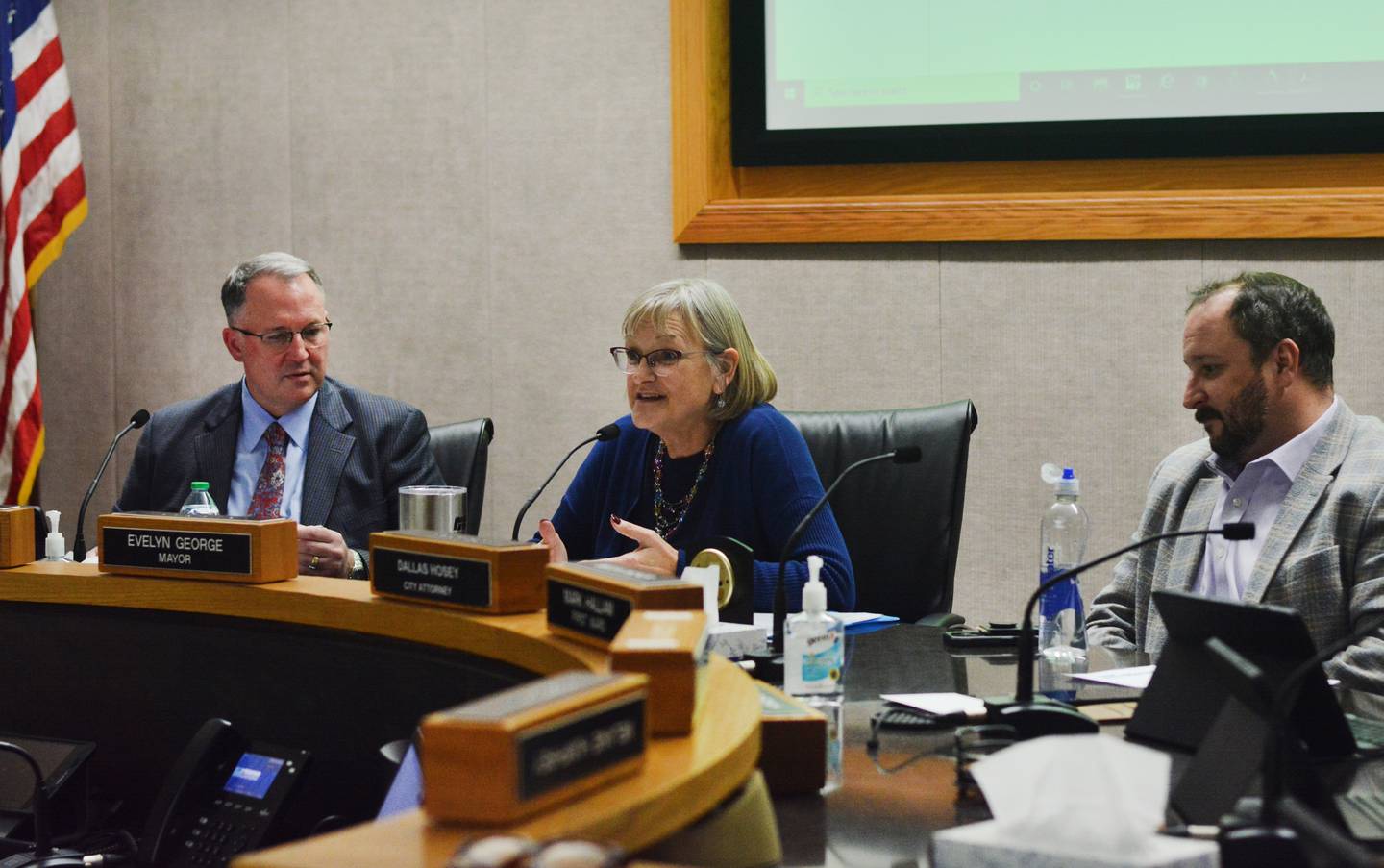 Evelyn George speaks to audience members during her last council meeting as mayor of Newton. George decided to not run for re-election and is stepping away from many years of service to the City of Newton.