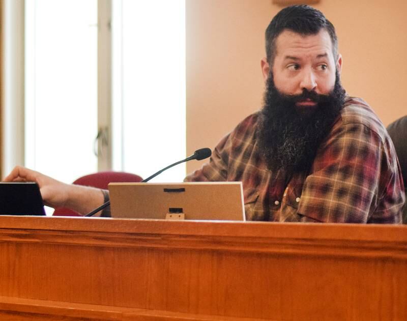 Brandon Talsma, chair of the Jasper County Board of Supervisors, on Feb. 28 speaks during a public hearing setting the maximum property tax dollars for FY24.