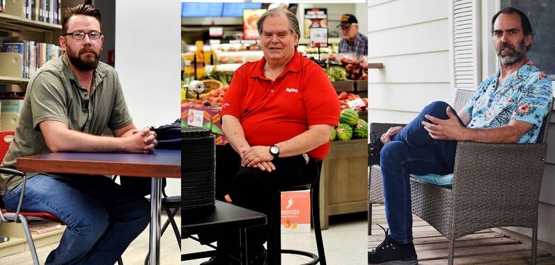 From left: Joe Swanson, commercial production director, has been spending a great deal of his time at the library to apply for jobs after Alpha Media USA decided to terminate local on-air personaliities for Newton's radio stations; Jamie Grout, content manager, is spending more time at his part-time job in Hy-Vee after he was fired from what he has described in the past as his dream job; and Randy Van Roekel, news director, sits on the porch of his home in Newton, the market he was expecting to finish his radio career on his own terms.